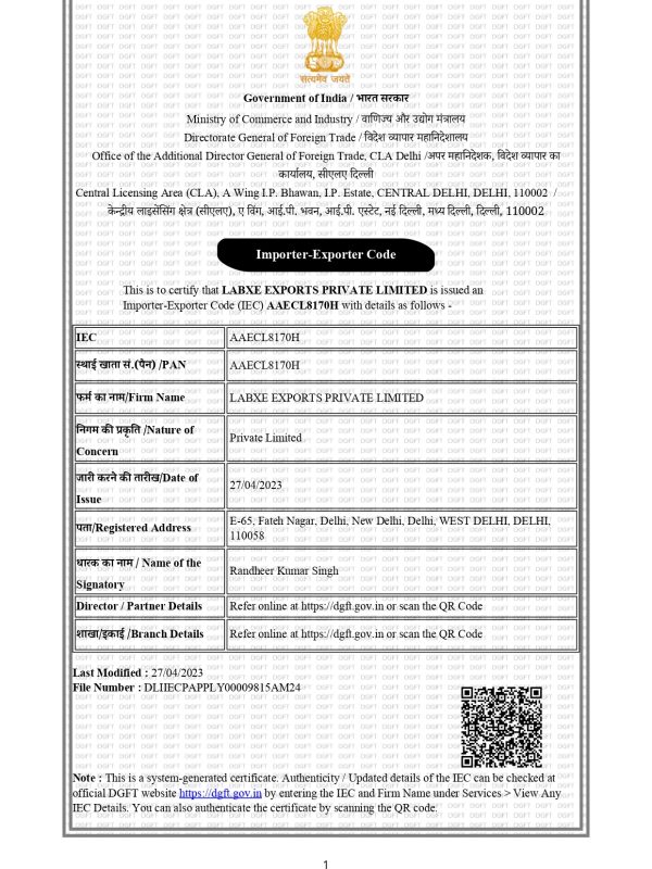 Labxe Exports Pvt. Ltd. IEC Certificate_page-0001